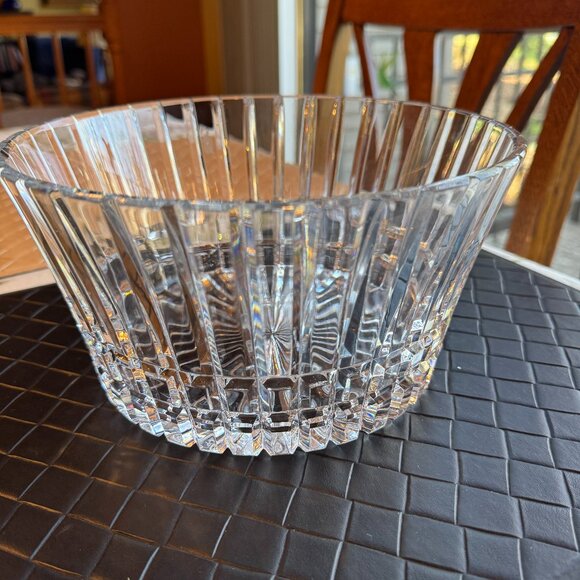 Large Crystal Serving Bowl Sleek Lines Modern Geometric Bowl Heavy 9